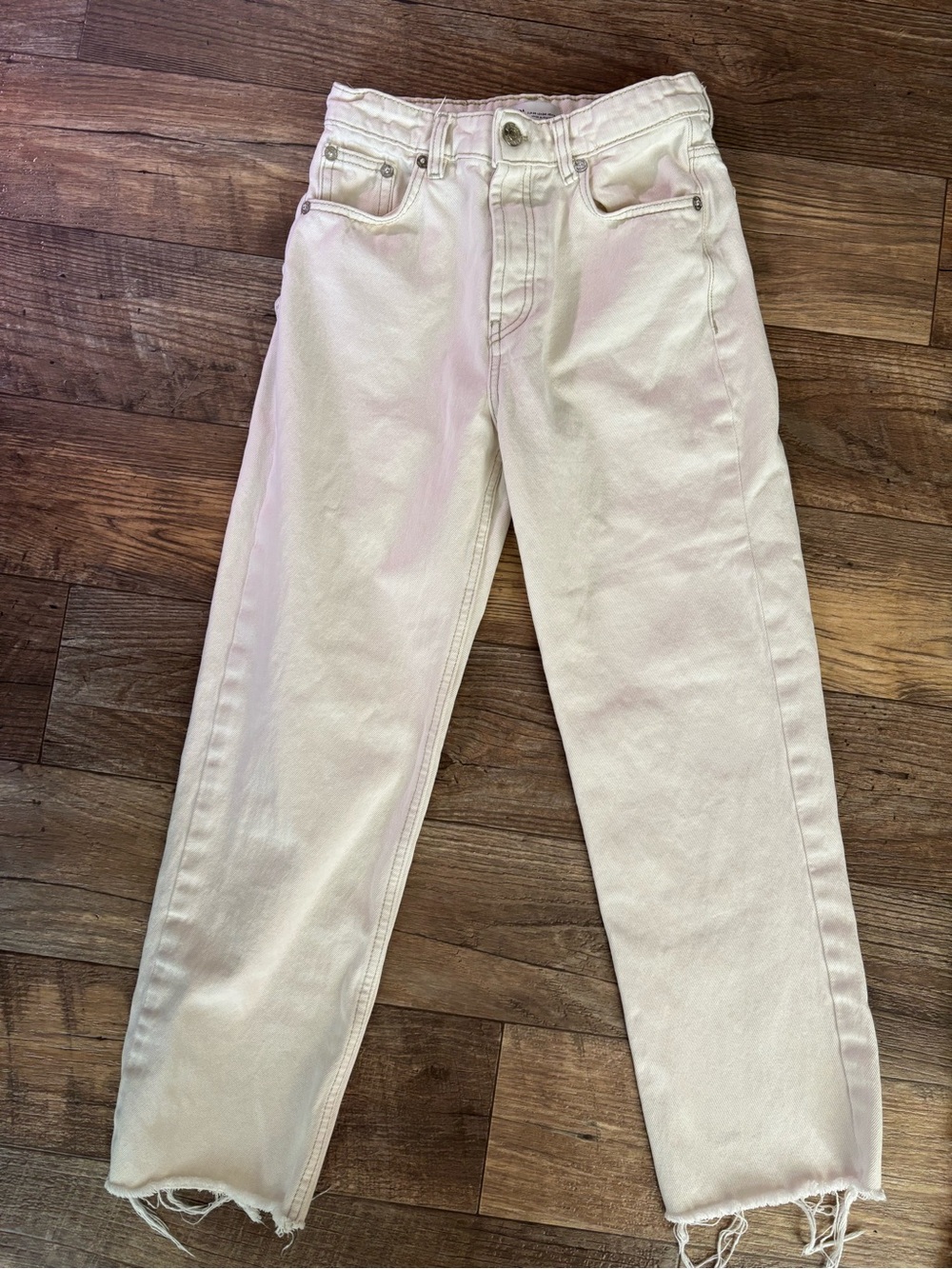 Zara Cream High Rise Straight Leg Jeans Raw Hem Distressed Sz 4